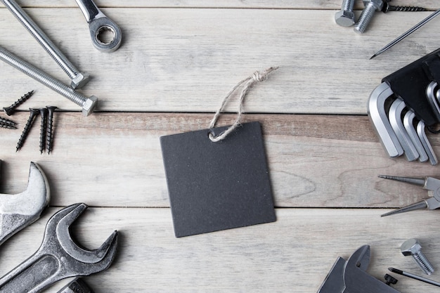 International Fathers Day Greeting card Work tools on a gray wooden background