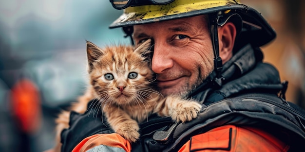 International Firefighters Day portrait of an adult male firefighter holding a red cat pet rescue the concept of dangerous and risky professions