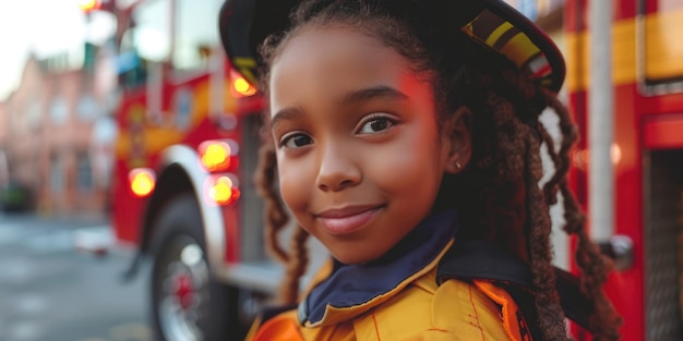 Photo international firefighters day portrait of an africanamerican child girl in a firefighter costume fire trucks in a fire station the concept of choosing a profession