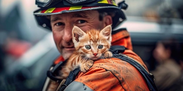 International Firefighters Day portrait of a male firefighter holding a red cat rescue of pets the concept of dangerous and risky professions