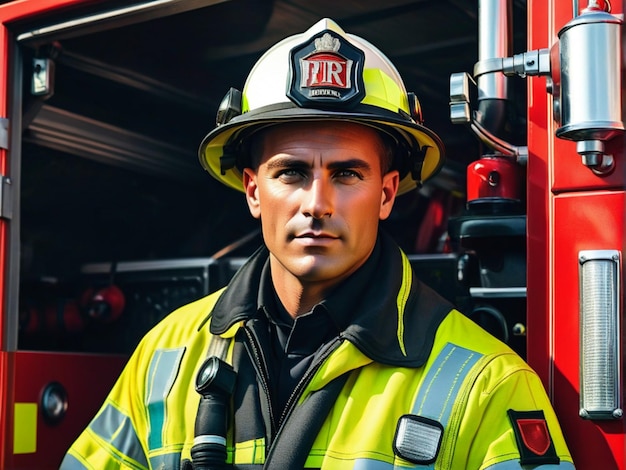 International Firefighters Day portrait of a male firefighter in uniform fire trucks in a fire stati