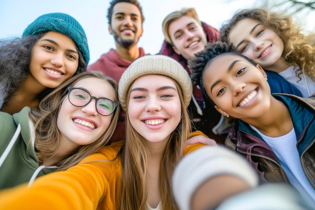 Photo international group of young people smiling together at camera happy friends taking selfie pic