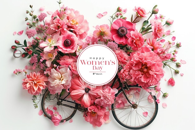 International happy womens day celebration floral and bicycle for female illustration with watercolor flowers background