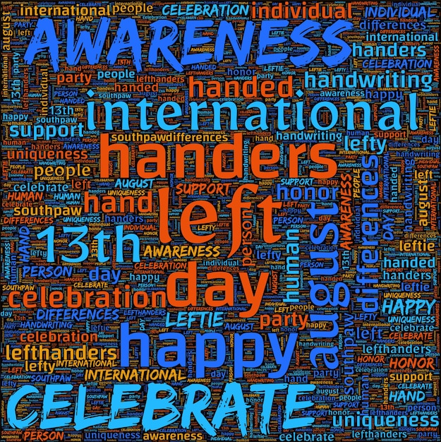写真 ワードクラウドコラージュイラストの国際左利きの日左利きの個人の独自性と違いを祝うために、毎年8月13日に左利きの日が観察されます