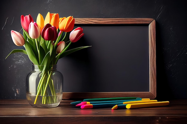 International Literacy Day achtergrond met een schoolbord schoolspullen en tulp bloemen