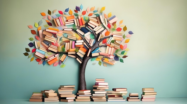 Foto il concetto della giornata internazionale dell'alfabetizzazione con un albero con libri come foglie.