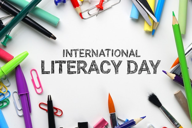 International Literacy Day. School Stationary Top View