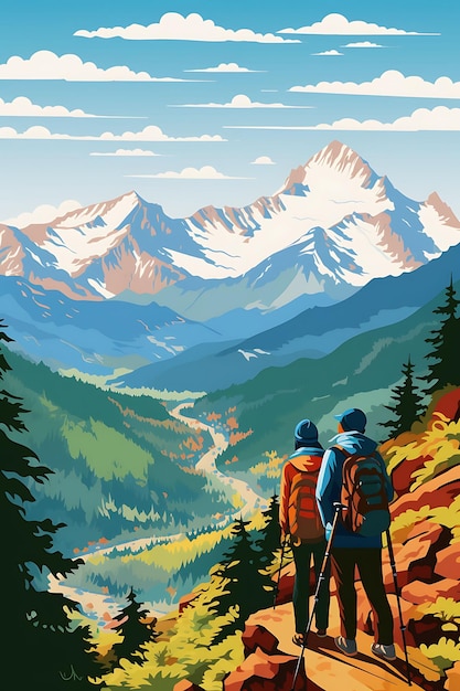 International Mountain Day With Hikers Admiring Views Earth colorful international Posters Stage