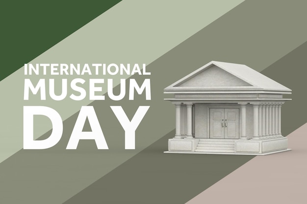 International Museum Day Concept Ancient Colonnade Museum Building met International Museum Day Sign op een veelkleurige achtergrond 3D-Rendering