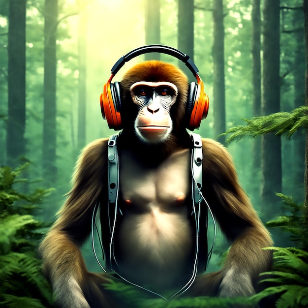 International Music Day futuristic monkey with headphones forest background