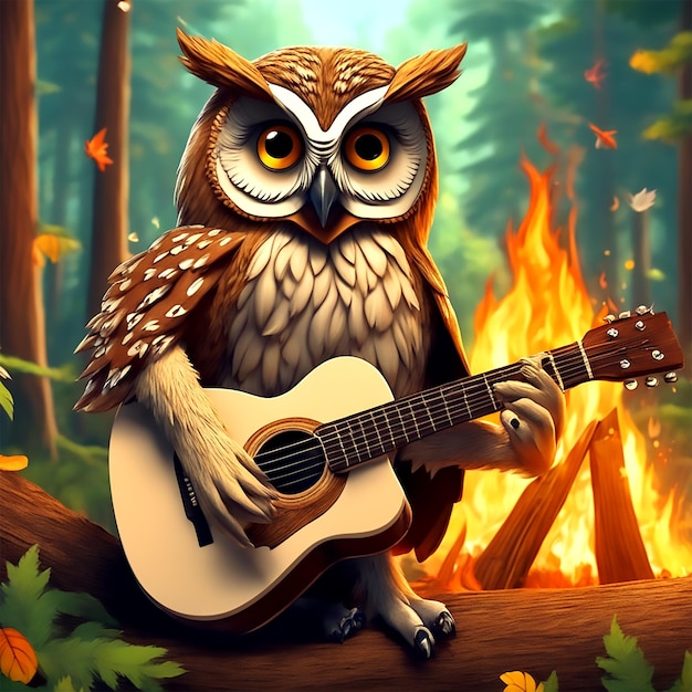 Международный день музыки сова играет на гитаре и поет у костра посреди лета