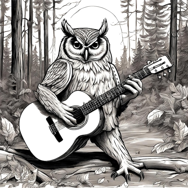 International Music Day an owl plays a guitar and sings by a near bonfire in the middle of a summer