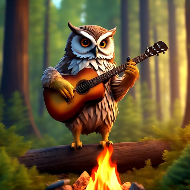 International Music Day an owl plays a guitar and sings by a near bonfire in the middle of a summer