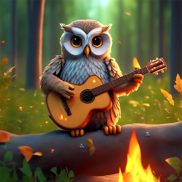 International Music Day an owl plays a guitar and sings by a near bonfire in the middle of a summer