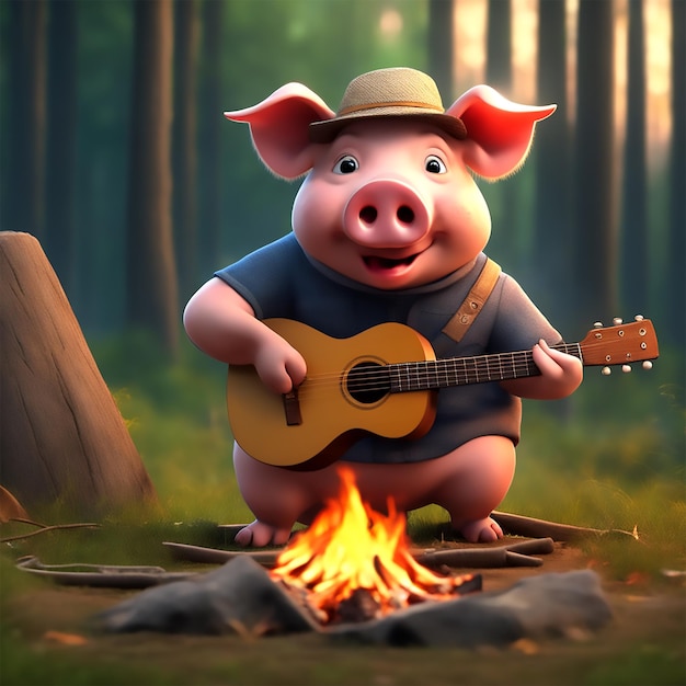 국제 음악의 날 돼지가 한여름 모닥불 근처에서 기타를 연주하고 노래합니다