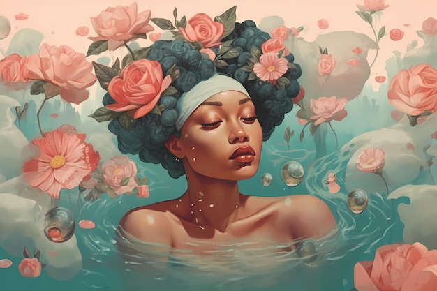 International Self Care Day A woman in a pool of water with flowers on her head