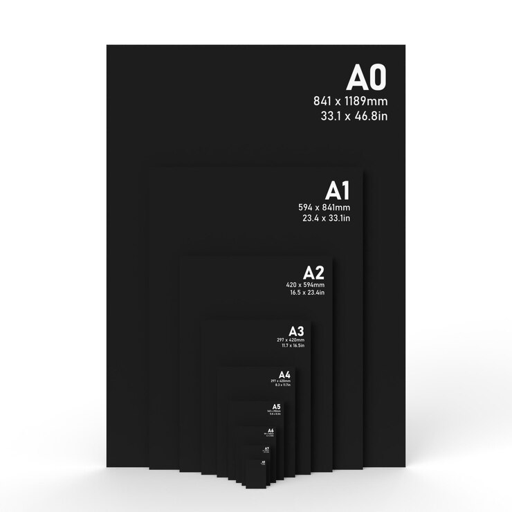 Photo 검정 질감 용지에 인쇄된 a0 ~ a8 흰색 텍스트의 국제 a 시리즈 용지 크기 형식