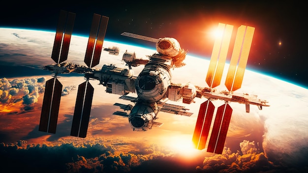 Photo international space station on orbit of earth planet