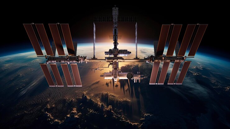 Photo international space station and spacecraft in the background of rising sun d illustration elements o
