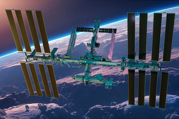 International Space Station And Spacecraft In The Background Of Rising Sun3D Illustration Elements of this image furnished by NASA