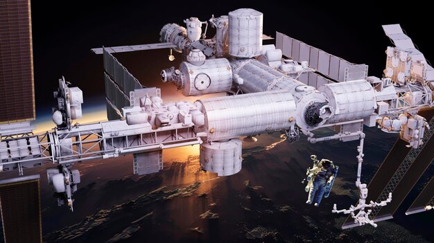 이 이미지의 행성 지구 d 렌더링 요소 위에 우주 비행사가 있는 국제 우주 정거장