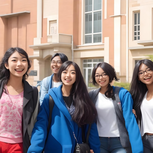 Photo international students day smiling university students in front college building