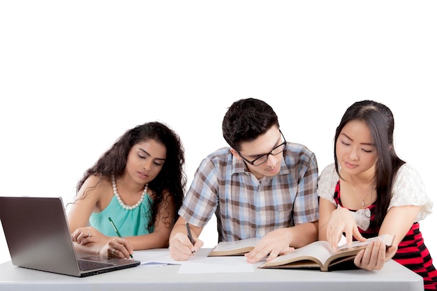 International students discussing assignment in a group meeting isolated over white background