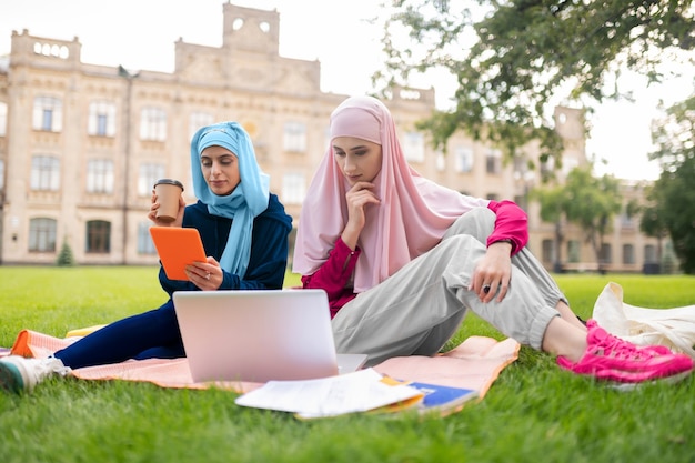 International students. Muslim international students using laptop while preparing presentation