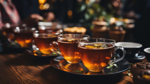 Photo international tea day cups with hot tea and lemon slices on a wooden table banner high quality