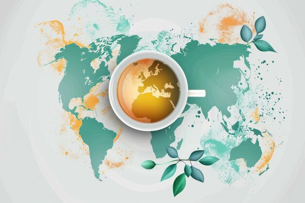 International Tea Day Illustration world map with tea cup