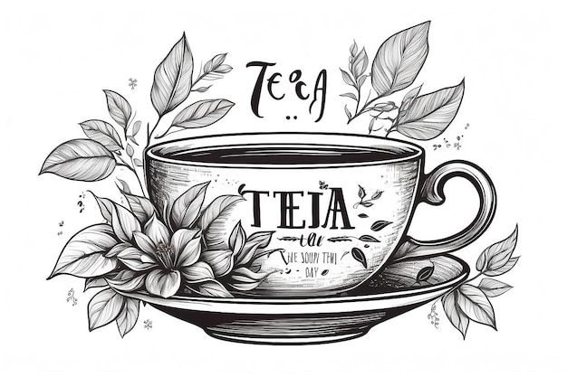 Photo international tea day quote hand drawn vector logo with lettering typography and cup of black tea