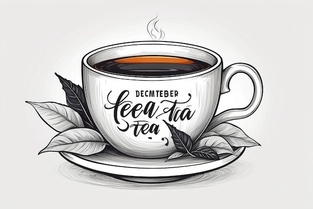 International Tea Day quote Hand drawn vector logo with lettering typography and cup of black tea