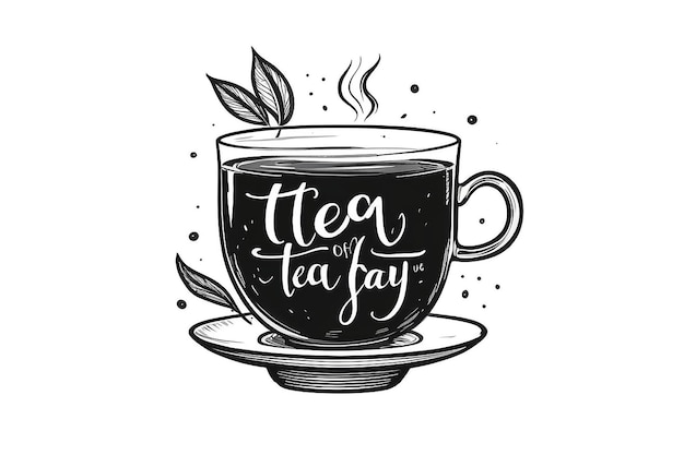 International Tea Day quote Hand getekend vector logo met lettering typografie en kop zwarte thee