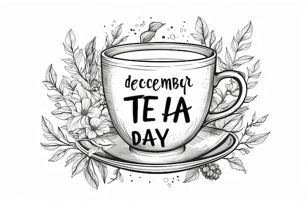 International Tea Day quote Hand getekend vector logo met lettering typografie en kop zwarte thee