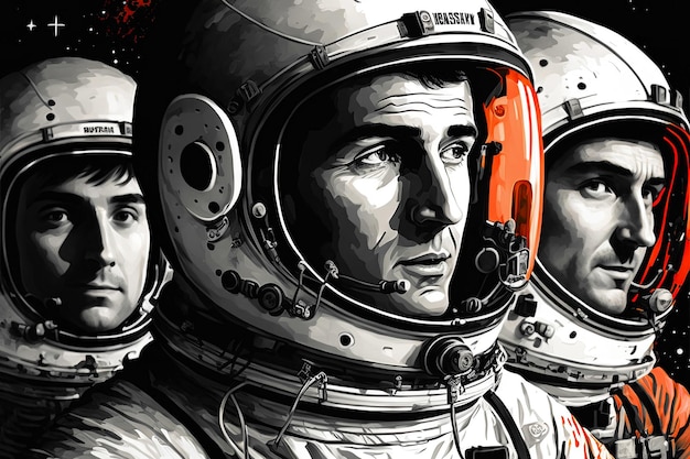 International team of three astronauts in spacesuits Generative AI illustration