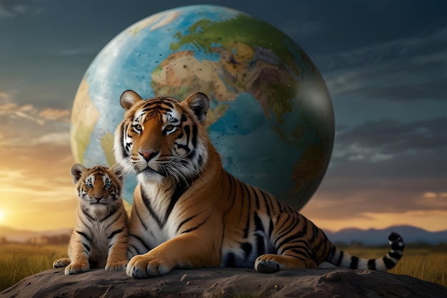 International Tiger Day Tiger sits with a small tiger cub against the backdrop of the globe