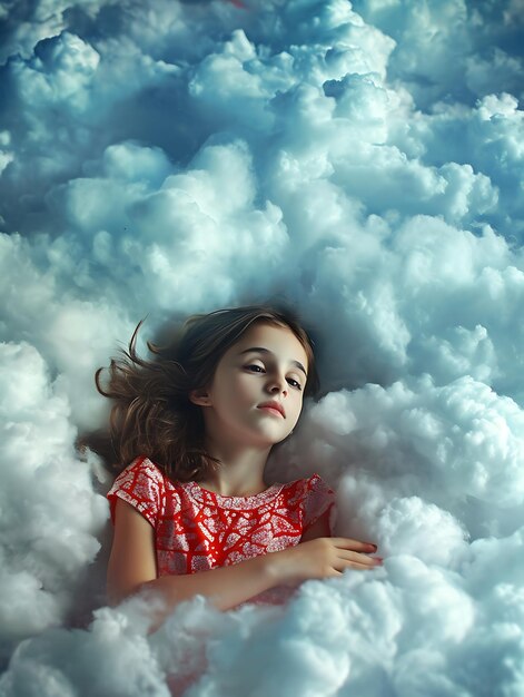 Photo international woman day cute girl illustration clouds colorful 8th march poster card