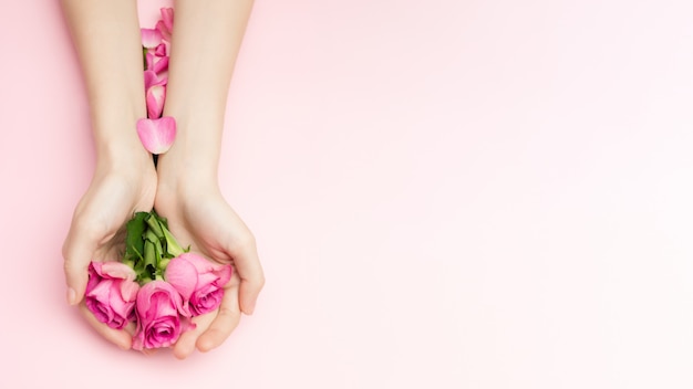 Giornata internazionale della donna e buon san valentino, concetto di giorno di madri. le mani della donna tengono i fiori di rosa su uno sfondo rosa. un polso sottile e una manicure naturale.
