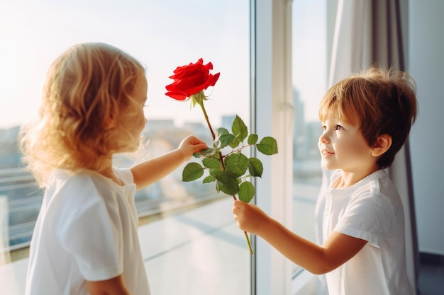 International Women Day Child son gives red flowers for mother on holiday at home