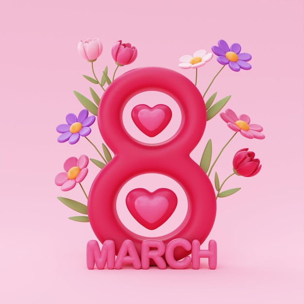 Giornata internazionale della donna 8 marzo numero 8 con segno femminile cuori e fiori su sfondo rosa festa della mamma rendering 3d