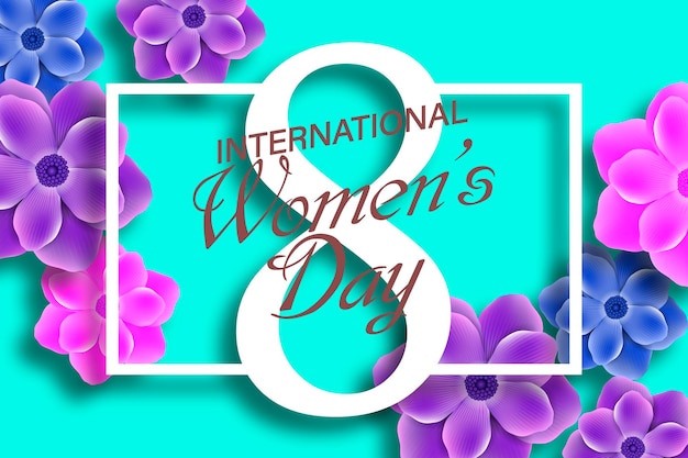 international women's day beautiful card with flowers on a blue background