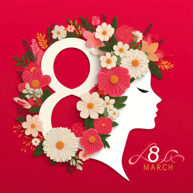 국제 여성의 날 여성의 프로필은 파스텔 배경에 애플리크 스타일의 꽃으로 생성됩니다.