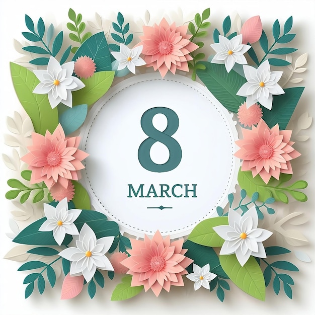 International Womens Day 8 march with frame of flower and leaves