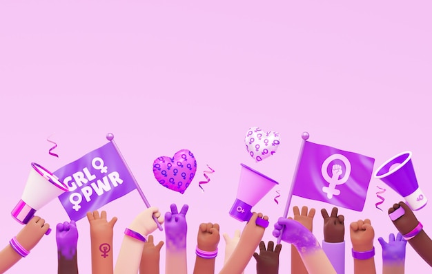 국제 여성의 날 배너 배경에는 다양한 손이 페미니스트 발을 들어 올리는 메가폰이 있습니다.