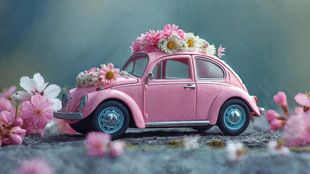 Photo international womens day banner flyer postcard pink toy retro car with flowers generative ai