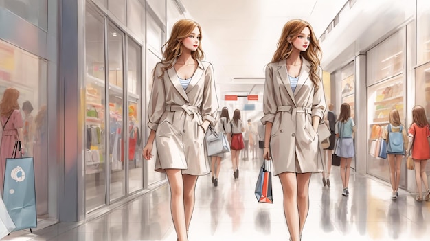 国際女性デー ファッションストアでショッピングを歩くファッショナブルなスタイルの女の子のイラスト