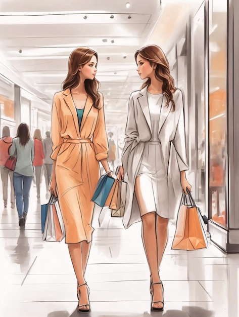 International womens day Illustration of girls in fasionable style walking shopping in fashion store
