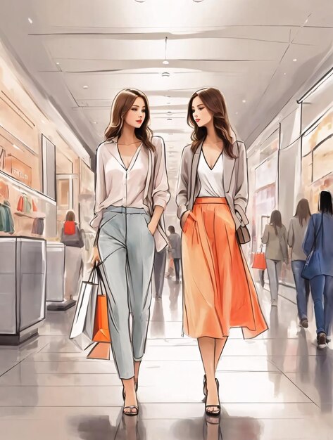 International womens day illustration of girls in fasionable style walking shopping in fashion store