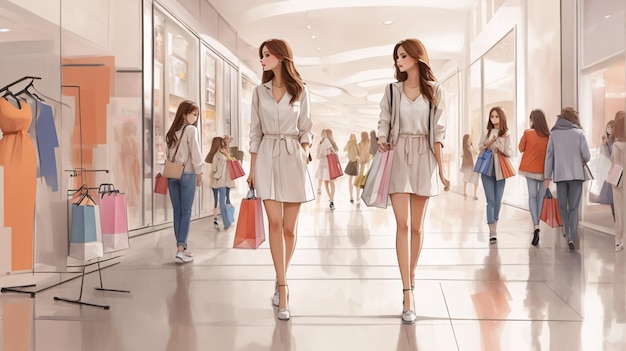 International womens day Illustration of girls in fasionable style walking shopping in fashion store