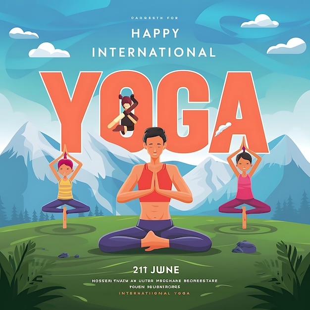 Photo international yoga day celebration banner or poster template design with vector illustration